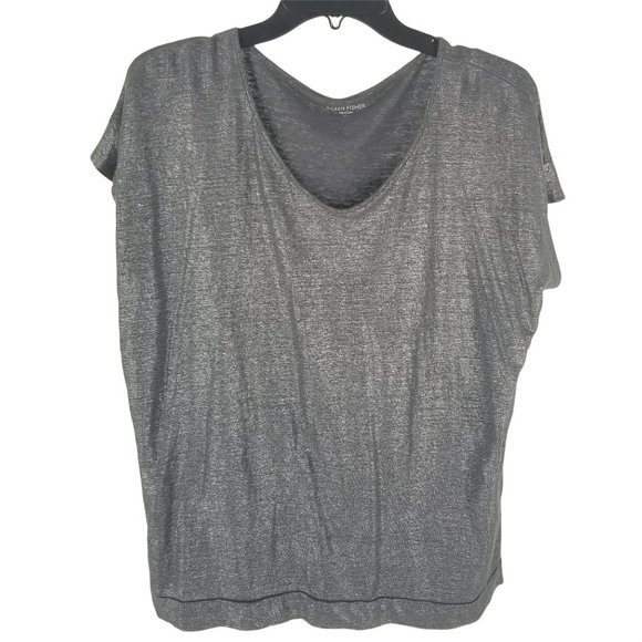 Eileen Fisher Tops - Eileen Fisher XS Silver Metallic Linen Relaxed Fit Tee Shirt Top Scoop Neck Fun